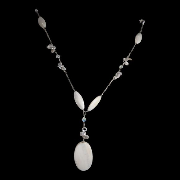 Vintage Aurora Borealis Crystal Pearl  and White Agate Drop Necklace Y-Necklace - Picture 2 of 12